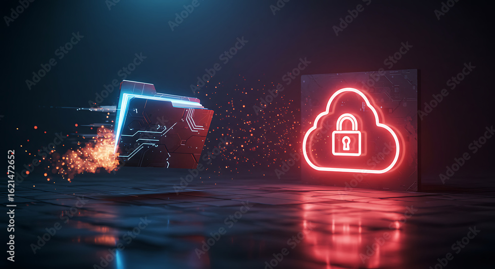 Poster cybersecurity and data protection: illustrative depiction of a digital folder rapidly moving toward 