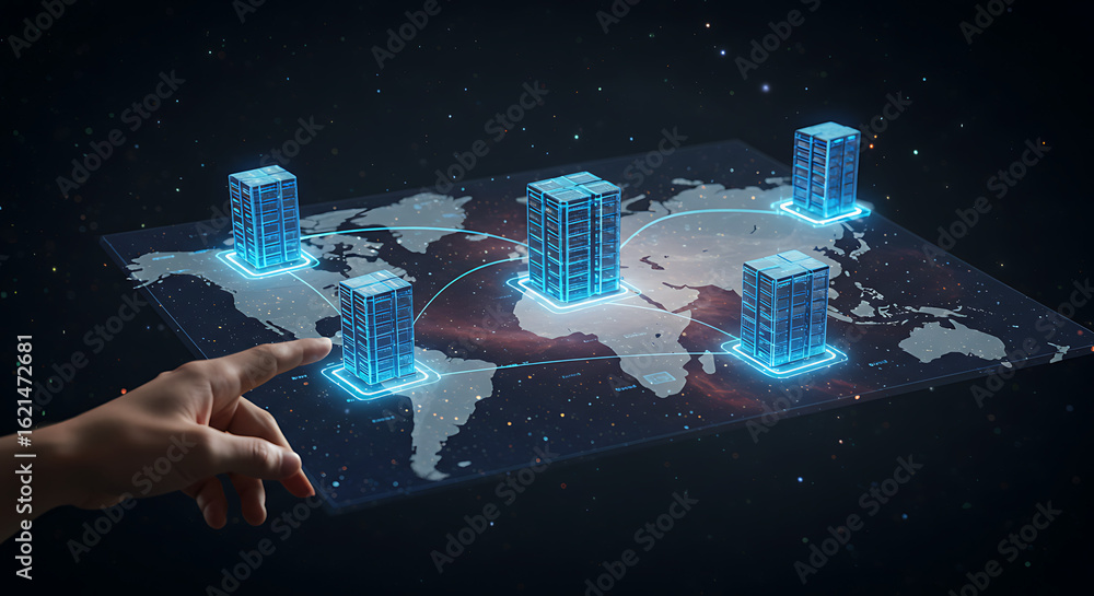 Poster global data center network: an illuminated network of data centers overlaid on a world map, symboliz