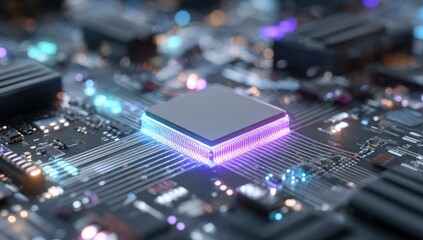 Circuit board, CPU, glowing, futuristic, technology. Possible use stock photo