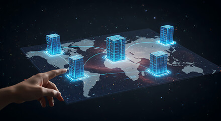 Global Data Center Network: An illuminated network of data centers overlaid on a world map, symbolized by the touch of a finger, representing the future of interconnected digital infrastructure.
