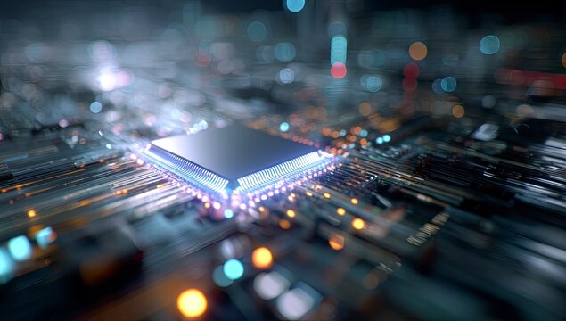 Futuristic CPU on Circuit Board. Cityscape Background. Stock Photo