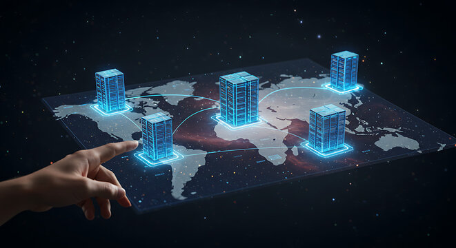 Global Data Center Network: An illuminated network of data centers overlaid on a world map, symbolized by the touch of a finger, representing the future of interconnected digital infrastructure.  - Powered by Adobe