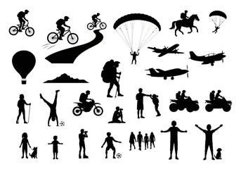 Silhouette collection featuring diverse outdoor activities: cycling, hiking, flying, riding, photography, and group gatherings, all in black against a white background.
