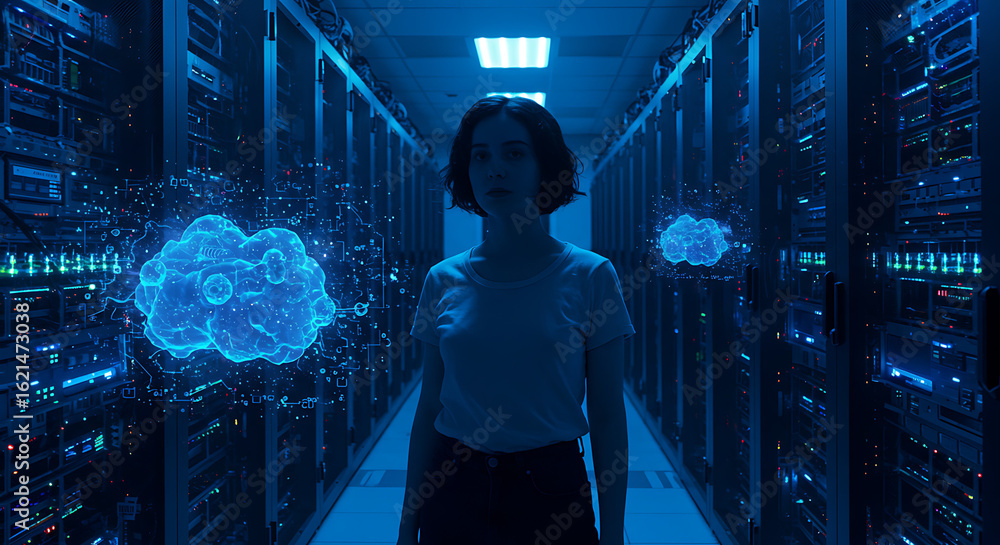 Poster data center visionary: a determined individual stands confidently within a futuristic data center, s