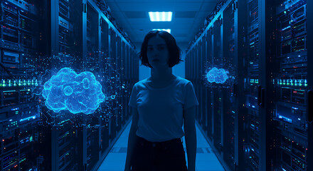 Data Center Visionary: A determined individual stands confidently within a futuristic data center, surrounded by advanced technology and digital cloud formations.