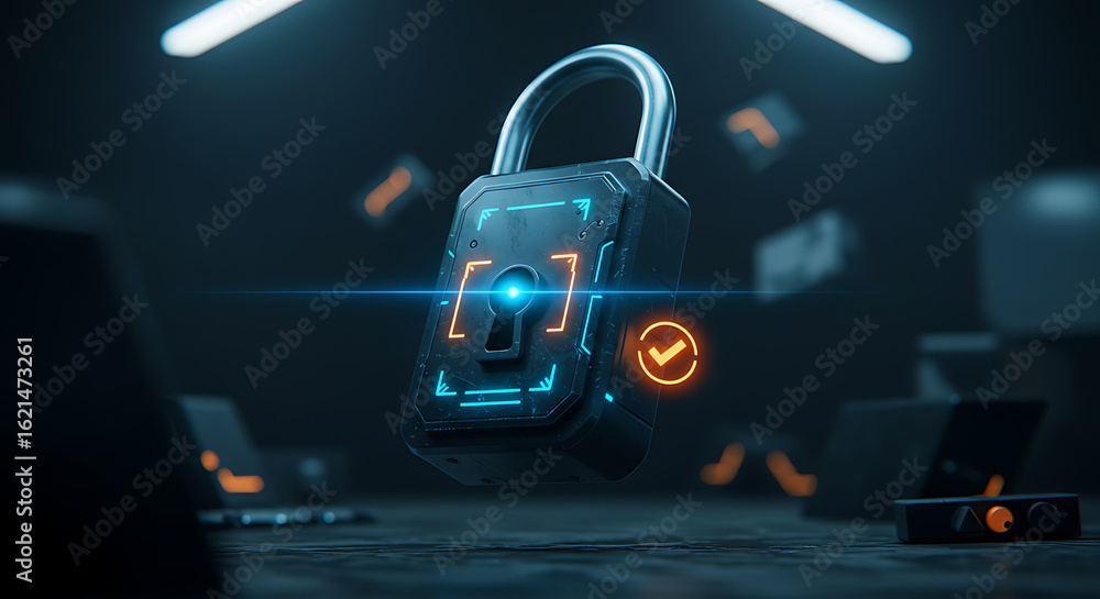 Poster digital fortress: a captivating digital rendering of a secure padlock glows with a sense of cyber se