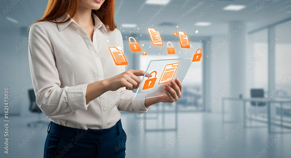 Poster digital security in office: a professional woman securely manages digital data with innovative tech.
