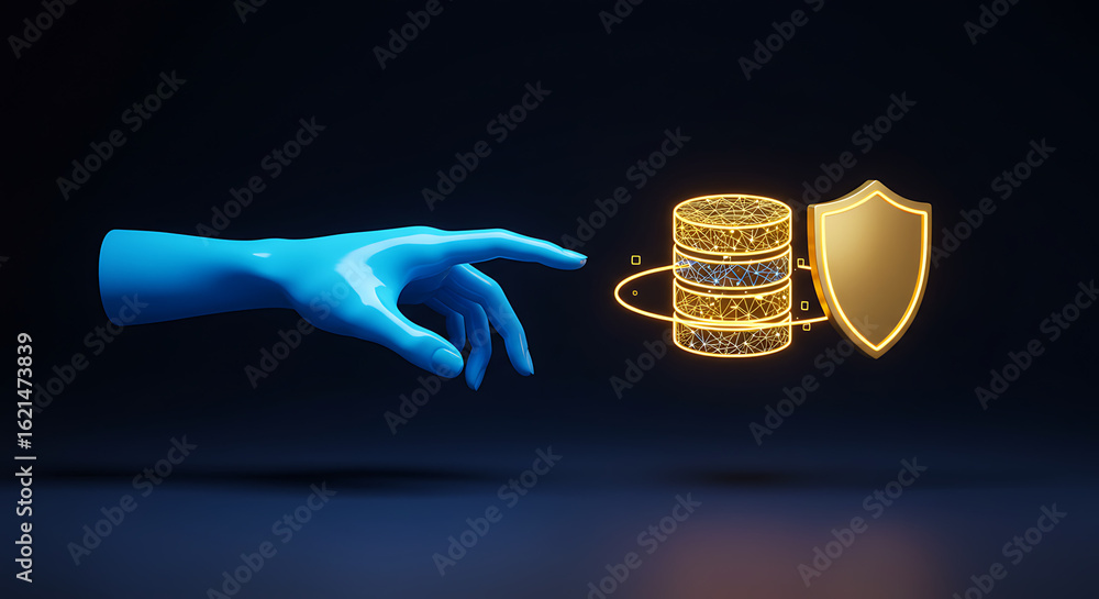 Poster digital fortress: a luminous hand reaches towards a data server and a protective shield, symbolizing