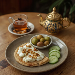 A slice of toasted traditional flatbread topped with local white cheese and walnuts, alongside a small dish of assorted olives and fresh cucumber slices