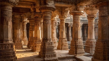 Obraz premium Ancient carved stone columns and arches in sunlit corridor of a historical structure