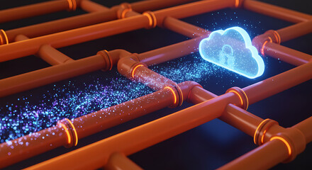 Cloud Connectivity: A detailed representation of data streams coursing through an intricate network of pipes, symbolizing the crucial digital channels connecting to a secure cloud.