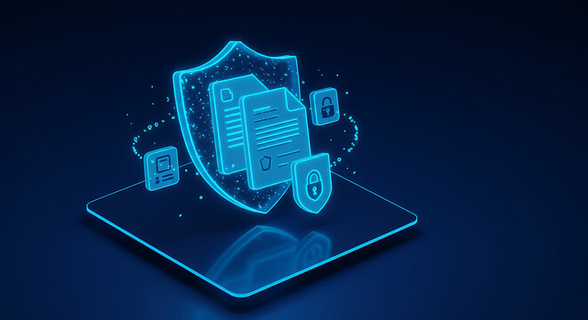 Cybersecurity Shield: A digitally rendered image showcases a robust cybersecurity shield, protecting confidential documents and data, signifying digital security and data protection.