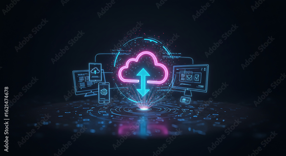 Poster cloud data connectivity: a futuristic scene highlighting cloud data connectivity, with a neon-lit cl