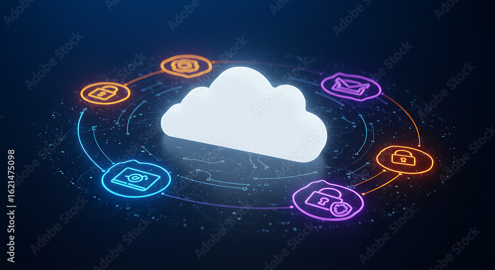 Aufkleber cloud computing and digital integration: a futuristic image of a luminous cloud at the center, encir