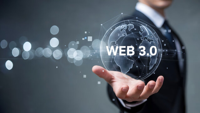 Web 3.0 concept businessman holding digital earth, modern technology solution