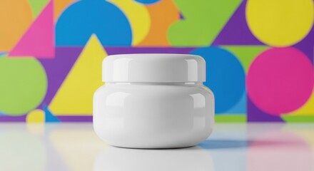 White cosmetic jar mockup, vibrant abstract geometric background, playful colors, soft studio lighting