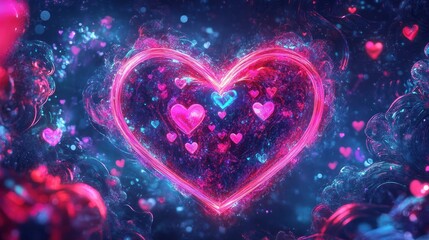 Digital art of a glowing, pink heart surrounded by smaller hearts and cosmic elements