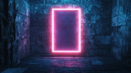 A rectangular neon-lit portal glows within a cold, ancient stone-walled chamber, suggesting mystery