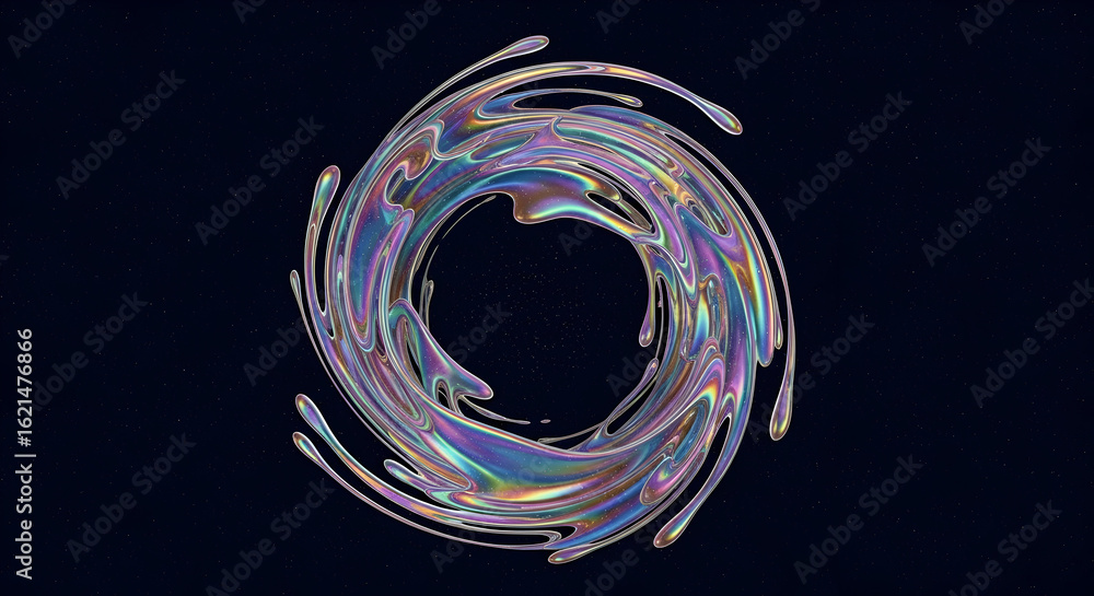 Poster iridescent ring abstract 3d render holographic flowing swirl on starry background modern futuristic 