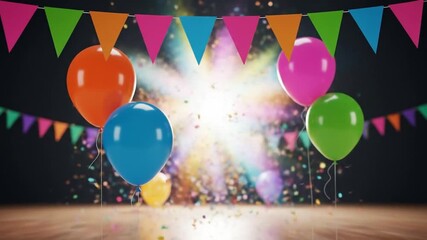 Festive party concept with vibrant balloons, colorful bunting, and dazzling confetti bursts, creating a dynamic and joyous atmosphere for any special celebration or event background.