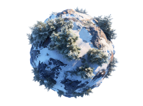 Winter wonderland planet snowy mountain peak coniferous trees. Isolated On Transparent Background
