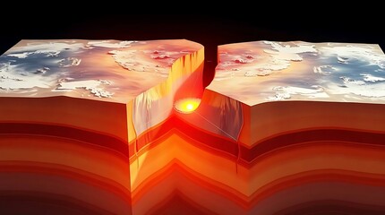 3D Geological Cross Section of Earth Layers with Magma Chamber and Volcano Formation. Earthquake. 3D Geological Cross Section of Earth Layers with Magma Chamber and Volcano Formation