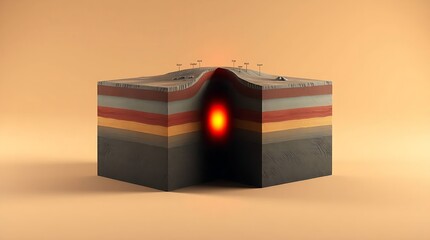 3D Geological Cross Section of Earth Layers with Magma Chamber and Volcano Formation. Earthquake. 3D Geological Cross Section of Earth Layers with Magma Chamber and Volcano Formation