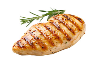 A grilled chicken breast with grill marks and a sprig of rosemary on a black background close up