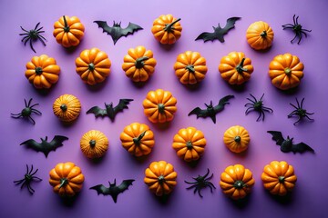 Obraz premium Overhead arrangement of halloween pumpkins, bats and spiders on purple background, a festive autumn holiday decoration concept for trick or treat party