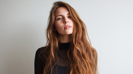 Long Hair Flows Gracefully From a High Point Against a Clean Neutral Background, Creating an Airy and Serene Atmosphere in This Creative Portrait