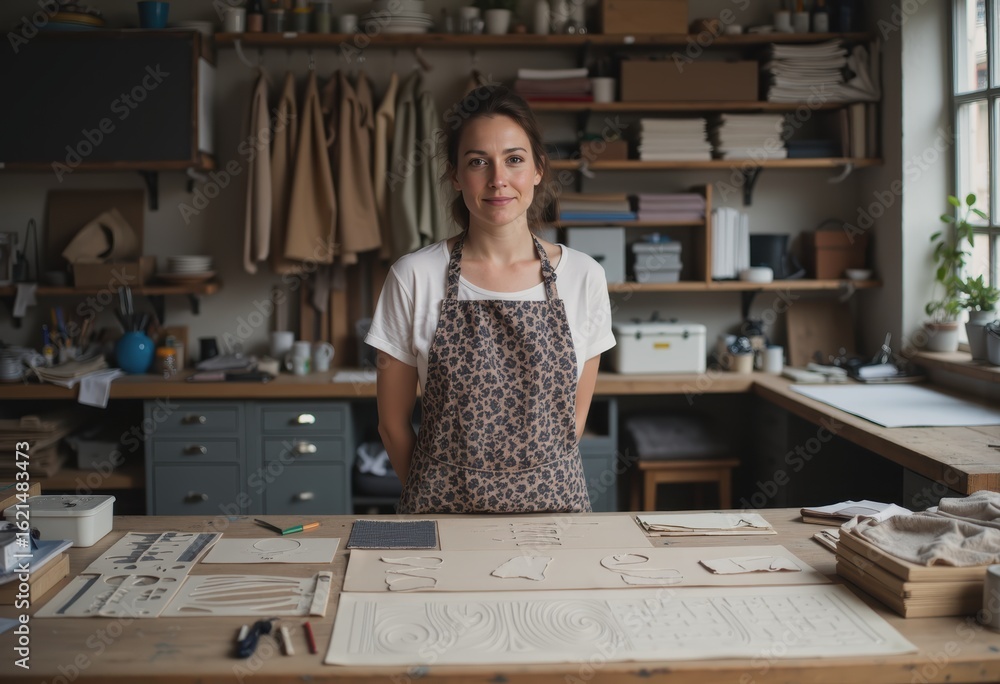 Poster pattern maker creating templates for fabric cutting in a cozy workshop