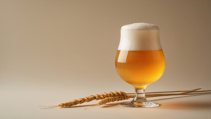 a single, elegant craft beer glass  tulip shaped or slightly curved filled with golden, slightly hazy craft beer