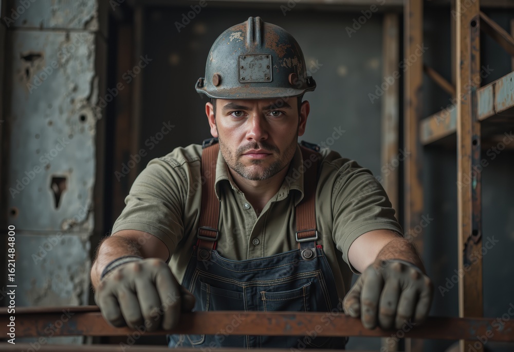 Poster ironworker positioning reinforcement bars for concrete structures on a construction site