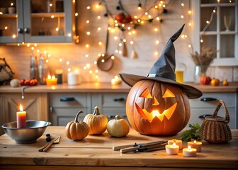 Halloween kitchen scene with a glowing jackolantern wearing a witch hat, candles, and string lights, creating a festive and cozy autumn atmosphere