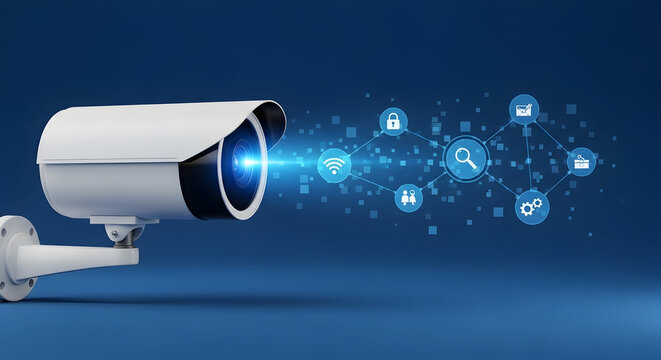 White Security Camera with Blue Light and Connected Network Icons