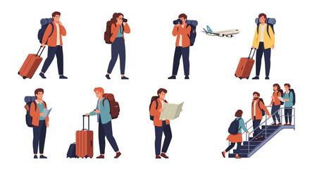 Travelers with luggage and backpacks embarking on adventures and exploring new destinations worldwide abroad on transparent background