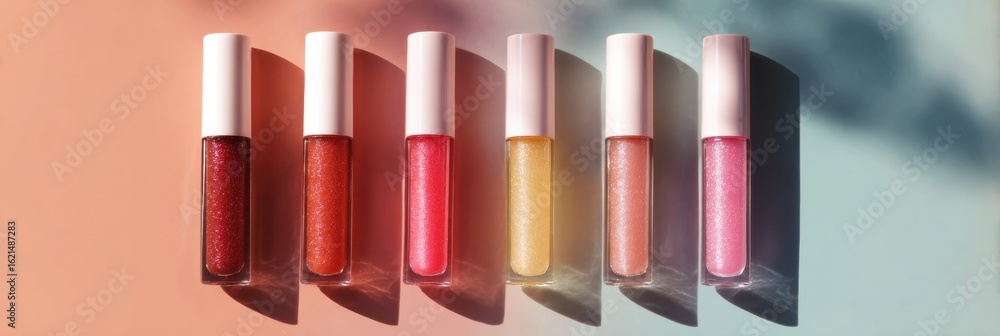 Poster lip gloss tubes casting delicate shadows on a pastel gradient background showcasing a spectrum of sh