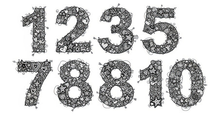 Decorative numbers one through zero with stars hearts and arrows on a white background design pattern