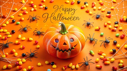 Halloween pumpkin with carved face surrounded by candy and spiders on an orange surface, creating a festive and scary seasonal background for celebration