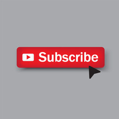 Subscribe button icon. Red play symbol. Cursor clicking graphic. Vector shadow detail.