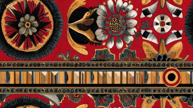 Intricate floral pattern with symmetrical designs on a vibrant red backdrop