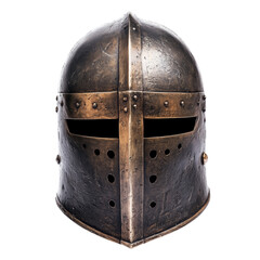 Medieval steel knight helmet with cross design and textured surface isolated on transparent background