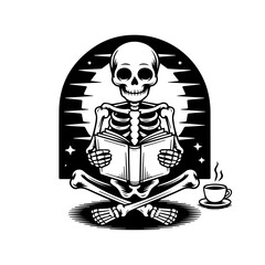 A skeleton sits cross-legged, engrossed in reading a book, with a steaming cup of coffee nearby.