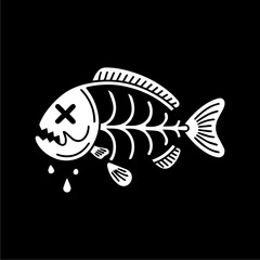 A stylized, white fish skeleton, dead and decaying, on a black background.