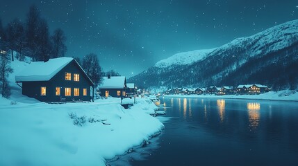 Luminous Village on a Snowy Riverbank Under a Starry Sky