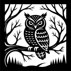 Intricate black and white illustration of an owl perched on a branch amongst trees.