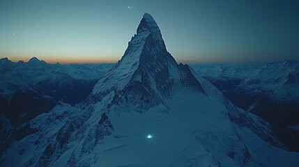 Majestic Alpine Peak at Dawn, Silhouetted Against a Starry Night Sky