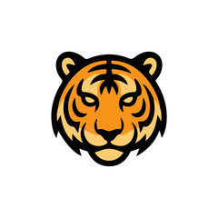 A stylized, symmetrical illustration of a tiger's head, featuring bold outlines and vibrant colors.