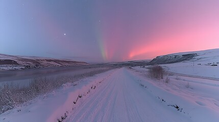 Majestic Aurora Borealis Over Snowy Road and Landscape at Dusk