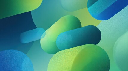 Abstract image featuring stylized, elongated capsules in shades of blue and green, with depth